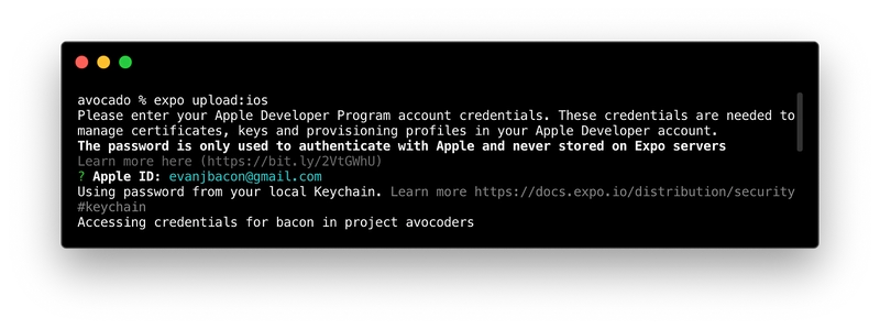 Expo CLI 中密码自动填充提示的屏幕截图