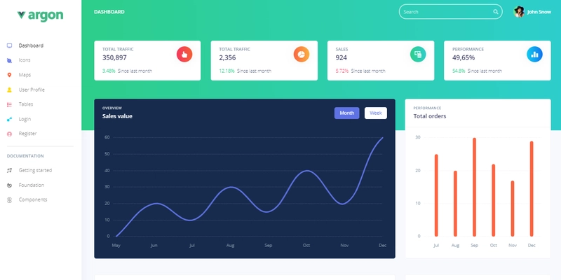 Vue 仪表板 - Argon，应用程序截图。