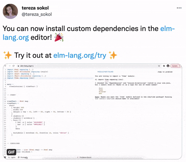 Elm 官方在线游乐场支持安装自定义依赖项