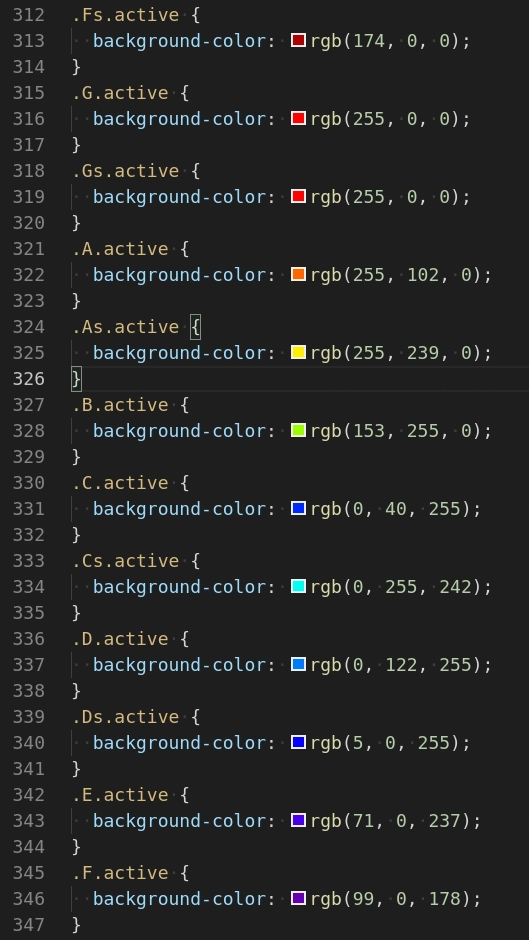 CSS 的屏幕截图将音符映射到颜色,顺序与可见光谱相同,从 F 调(深红色)开始到 F(深紫色)。