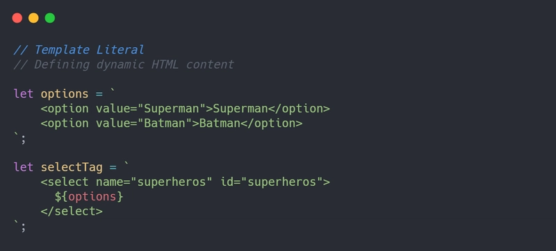 使用模板文字定义动态 HTML 内容