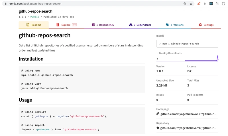 已发布的 npm 包页面