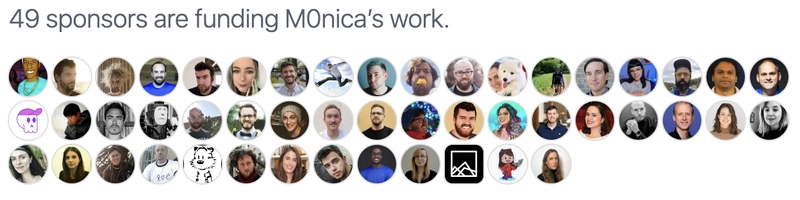 这张截图显示，有 49 位赞助商正在资助 M0nica 的工作！截图中还附有他们的头像。