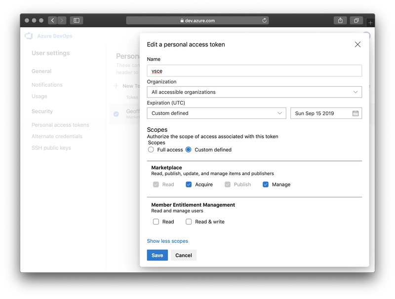 Azure DevOps 中的个人访问令牌设置