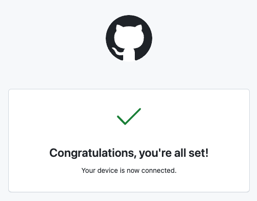 GitHub.com 确认屏幕显示设备已成功连接。