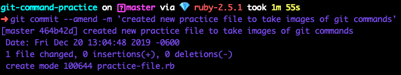 git commit --amend -m‘创建新的练习文件来截取 git 命令的图像’的终端截图