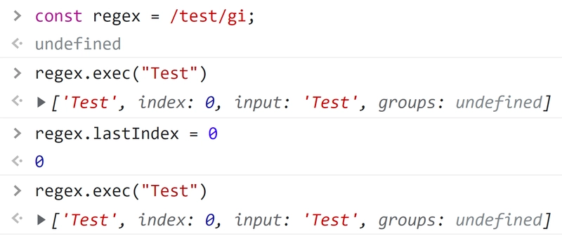 如果我们在每个原始的 `regex.exec` endraw 之间运行原始的 `regex.lastIndex = 0` endraw，那么每个原始的 `exec` endraw 都会按预期运行