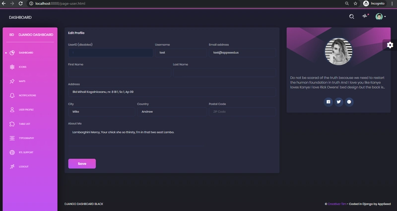 Django Dashboard Black - 用户资料页面。