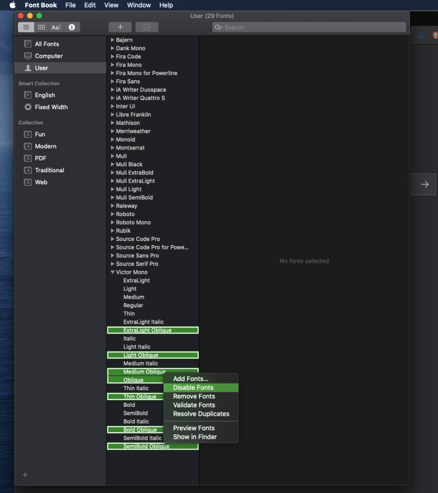 禁用 macOS 字体册中的斜面