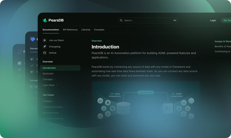 图像显示了 PearsDB 的用户界面，这是一个用于构建 AI/ML 支持的功能和应用程序的 AI 自动化平台。