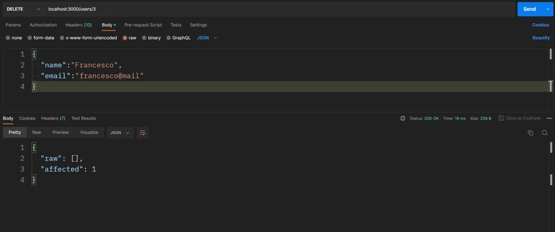 Postman DELETE 请求到 localhost:3000/users/3