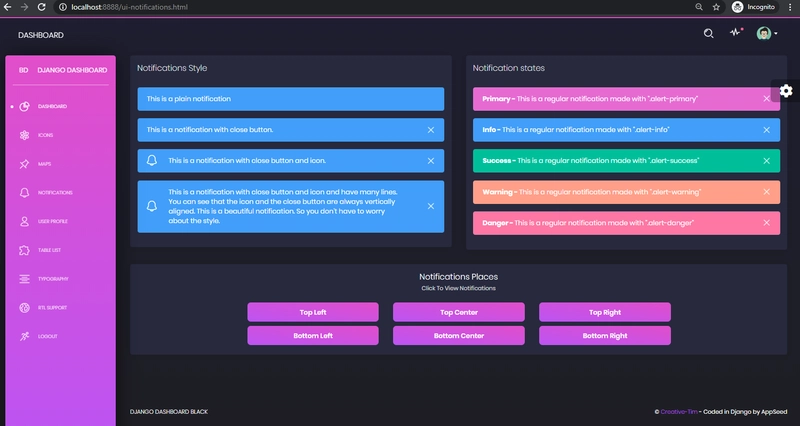 Django Dashboard Black - 通知页面。
