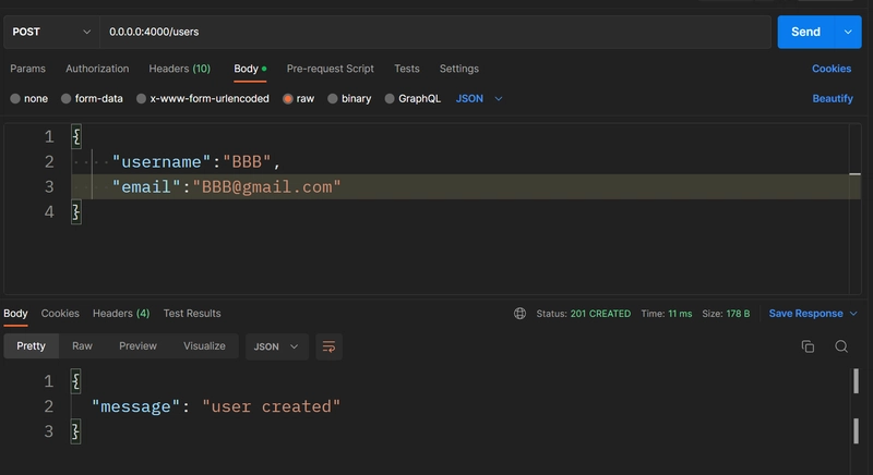 向 localhost:4000/users 发送 POST 请求