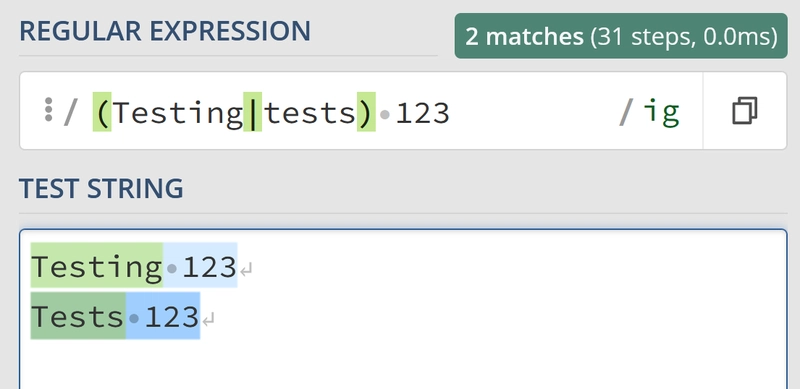 使用正则表达式 /(Testing|tests) 123/ig 我们可以匹配