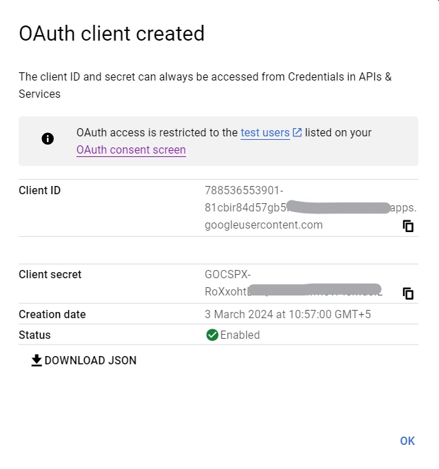 OAuth 客户端已创建