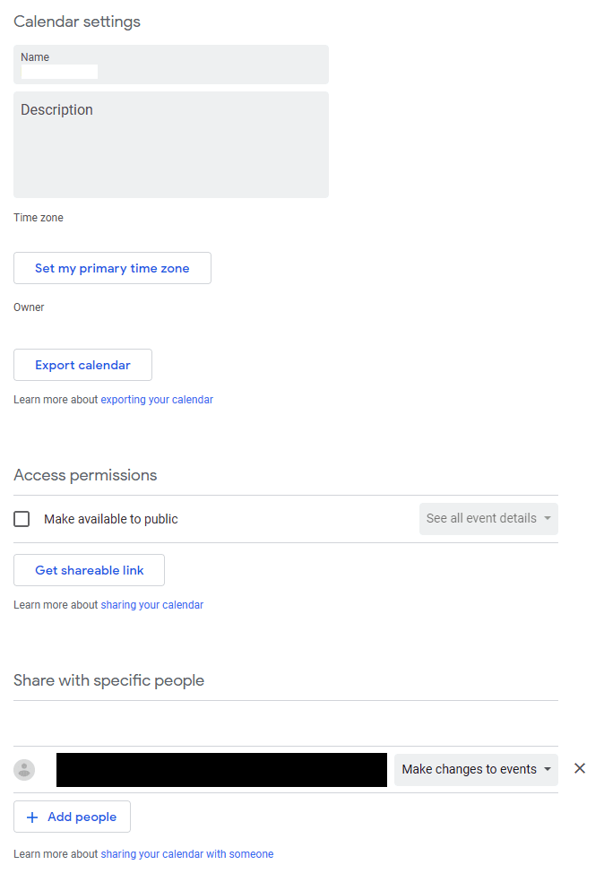 Google 日历设置页面