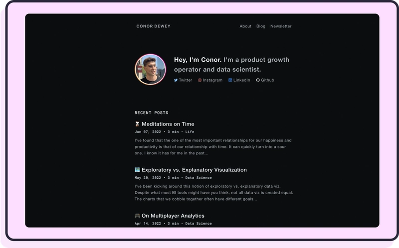 Coner 关于页面的截图，其中包含有关他的更多信息