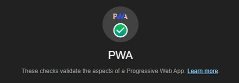 通过 Lighhouse PWA 检查的图片。图片显示了 PWA 徽标、绿色圆圈内的白色勾号、缩写 PWA 以及文字