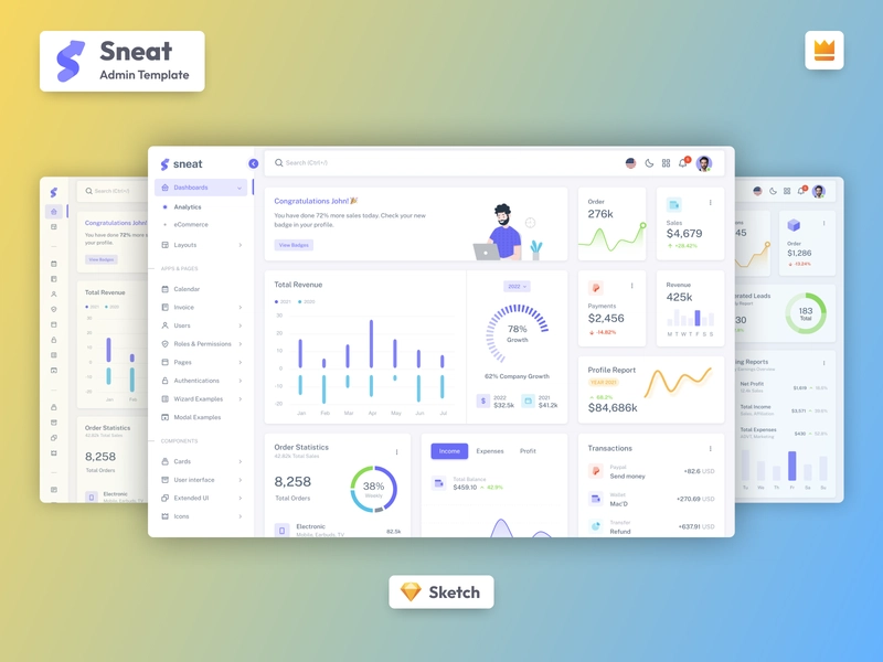 Sneat Sketch 管理仪表板 UI 套件模板
