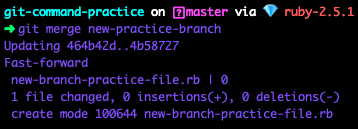 git merge new-practice-branch 命令的终端截图