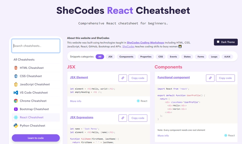 SheCodes React 备忘单