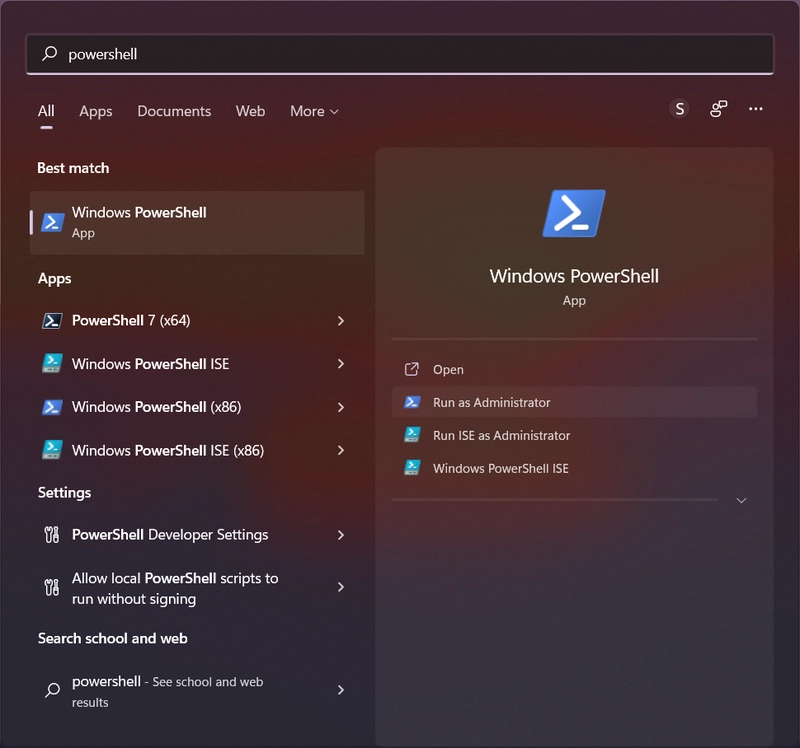 从开始菜单中搜索 PowerShell