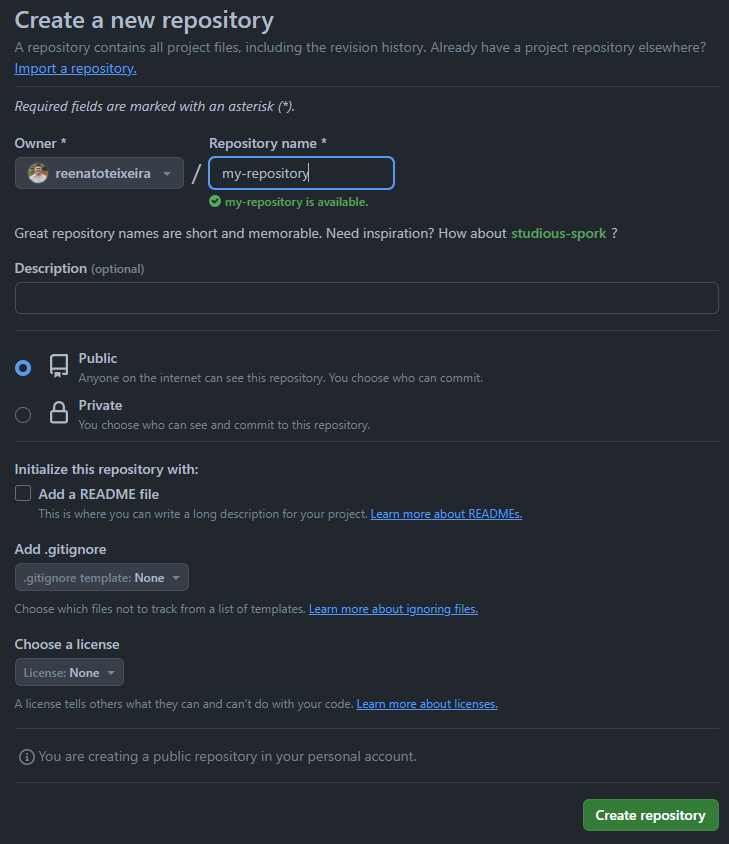 GitHub 上存储库创建页面的屏幕截图。