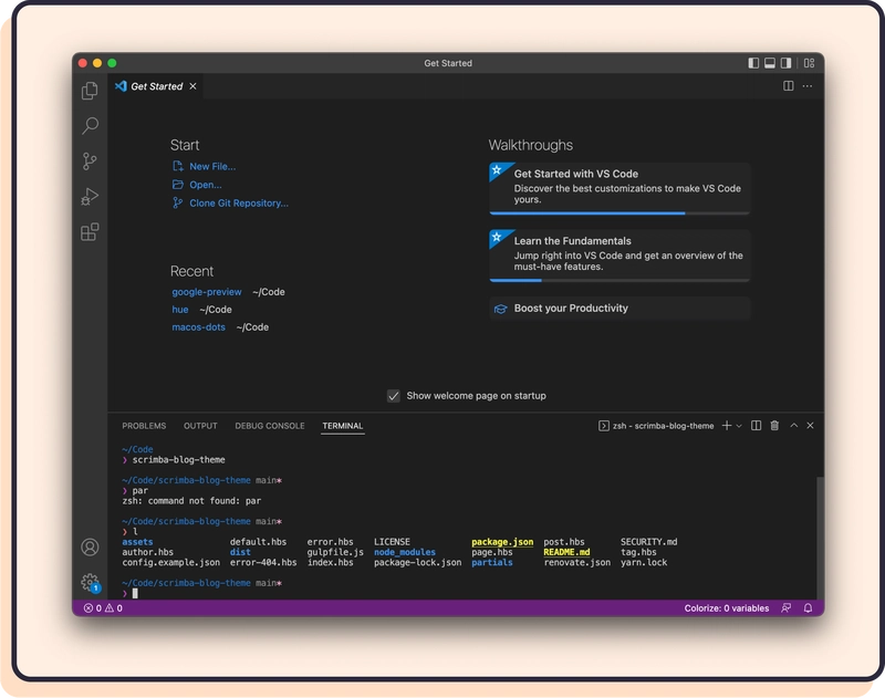 Visual Studio Code 的内置终端使用 ZSH。虽然颜色不同,但你在 zshrc 文件中设置的任何内容仍然有效。