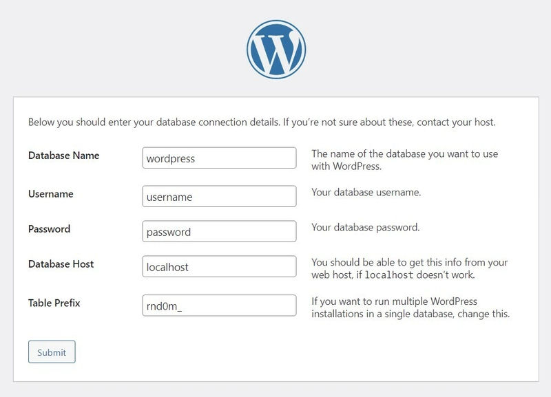 带有不同前缀的 WordPress 安装屏幕
