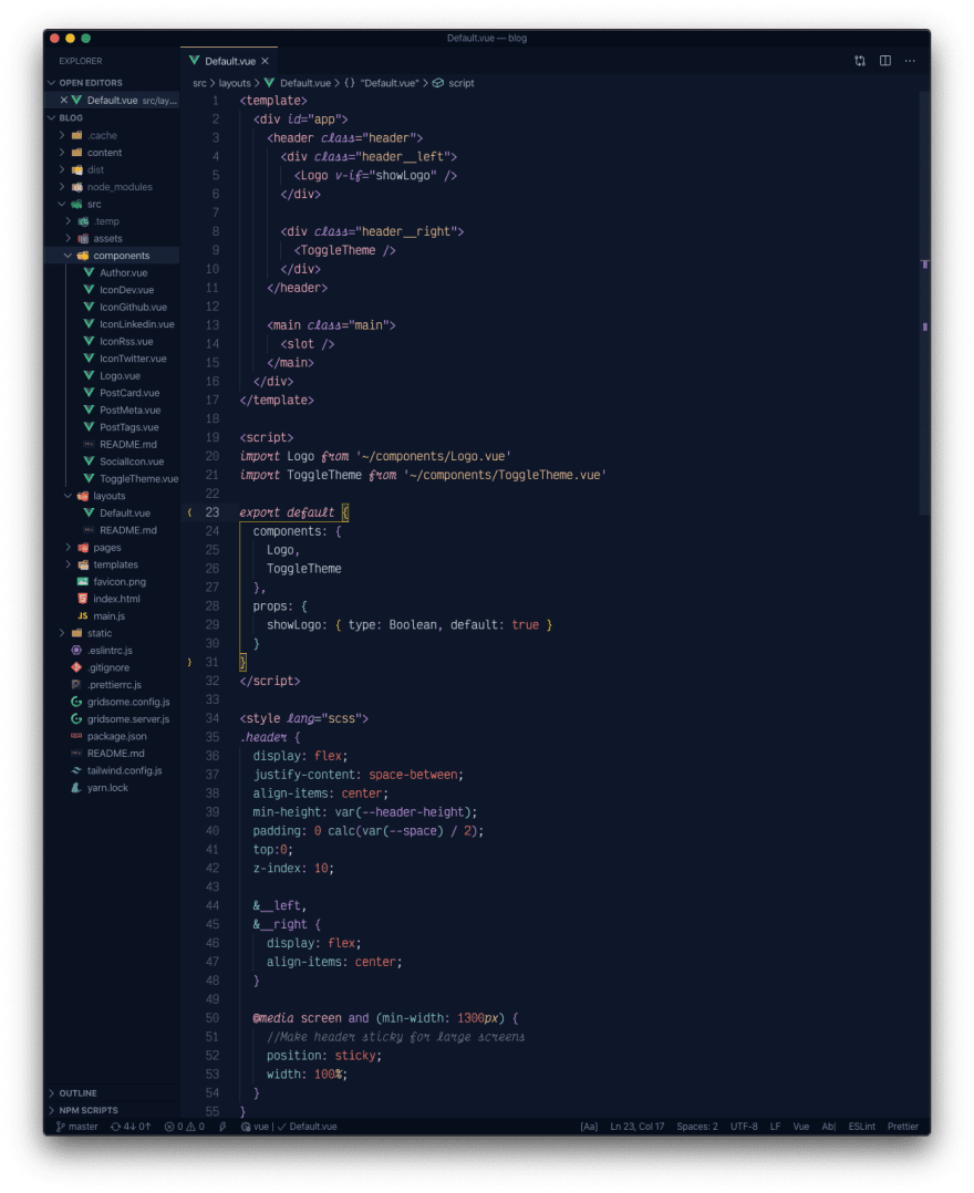 一个激活了夜间睡眠斜体主题的 Vue.js 文件