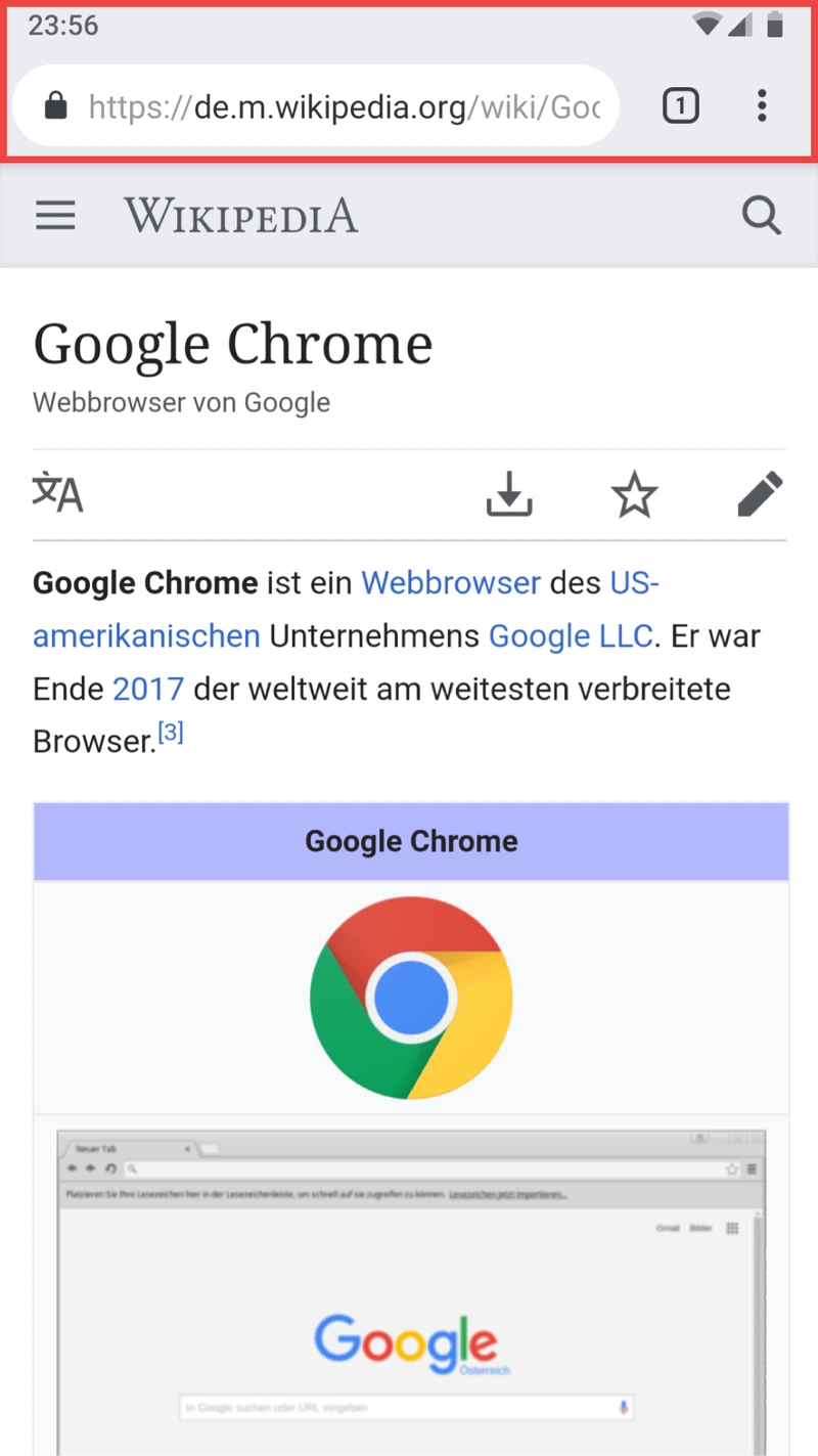 Chrome 移动版的屏幕截图，突出显示了浏览器的 UI 元素。