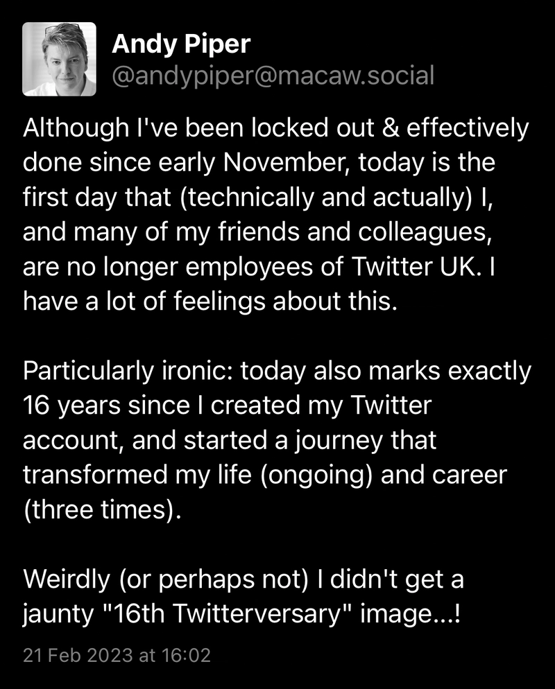 Mastodon 上关于 Andy Piper 推特账号注册 16 周年的帖子截图