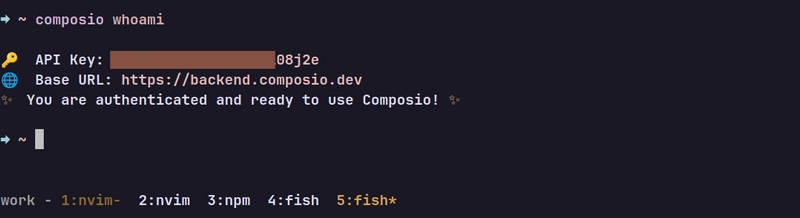 `composio whoami` endraw 命令的原始输出
