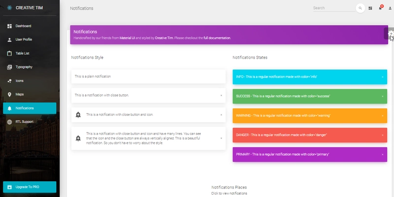 React Dashboard - 材料设计，UI 警报屏幕。