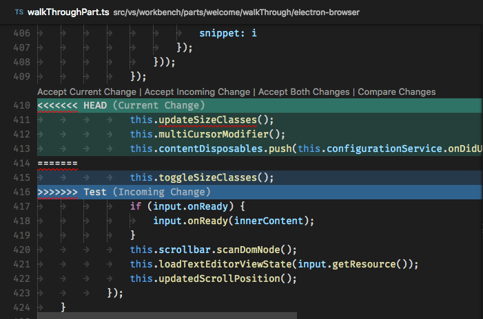 Visual Studio Code 中突出显示合并冲突