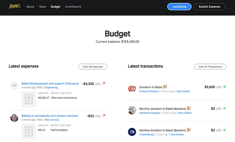 维护者通过 Open Collective 获得对 BabelJS 支持报酬的示例。