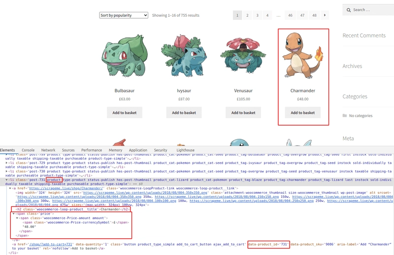 DevTools 中的产品 (Charmander)