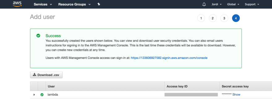 刚刚创建的 AWS IAM 用户
