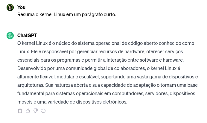 提示 no ChatGPT para resumir o kernel Linux em um parágrafo curto