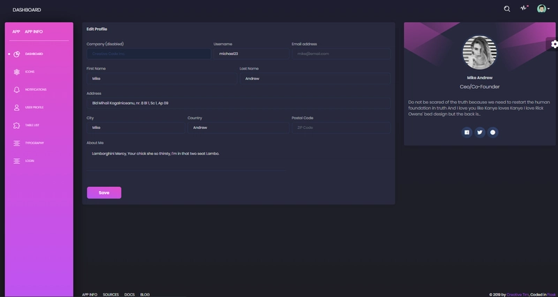 Flask Dashboard Black - 用户资料页面。