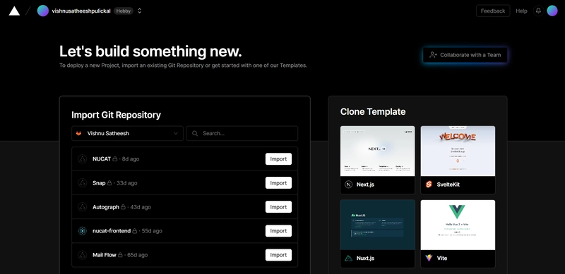 Vercel 的仪表板，一个以前称为 ZEIT 的托管平台，因其与 Next.js 和 Gatsby 等框架的无缝集成以及内置的预览和部署工作流程而广受欢迎。