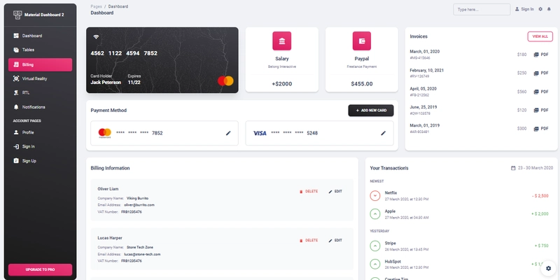 Bootstrap 5 材料仪表板 - 计费示例页面。