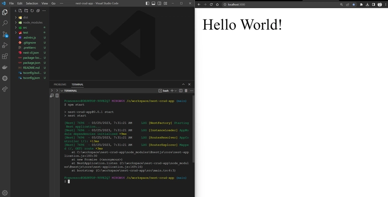左侧为 Hello World，VS Code 运行 npm start 命令，NestJS 脚手架项目