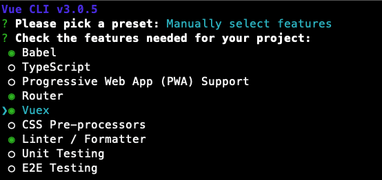 向我们的应用程序添加 Babel、Router、Vuex 和 Linter