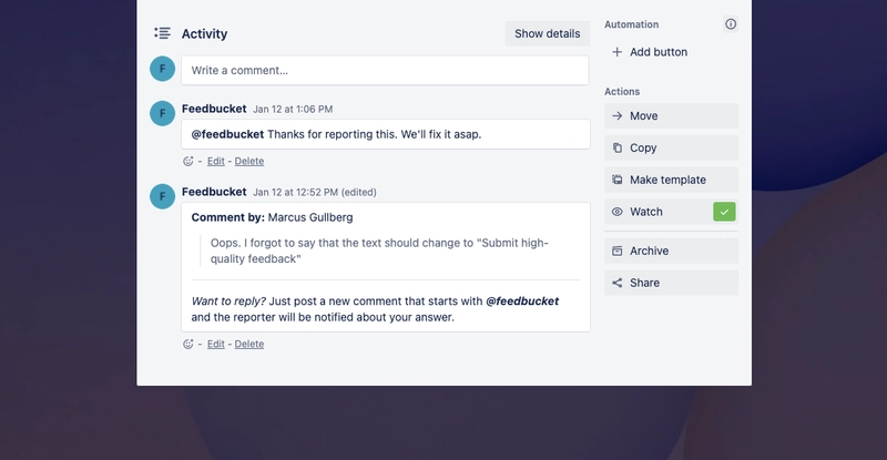 利用 Webhook 和 Feedbucket 的强大功能，我实现了从 Trello 到客户的双向沟通​​。