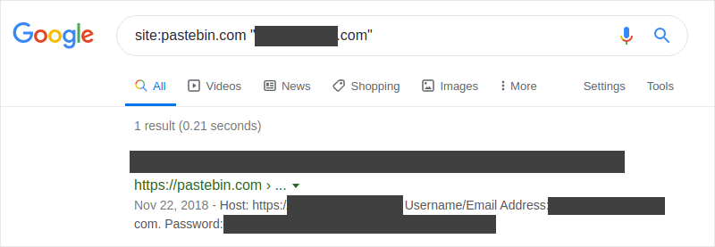 谷歌搜索中暴露的用户名和密码的屏幕截图