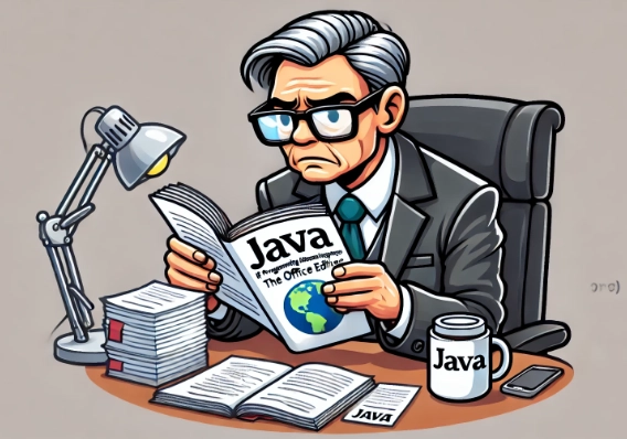 这张图片展现了 Java 化身为一位企业老兵，在办公室里翻阅着厚厚的手册。工作区里摆满了咖啡杯和纸张，凸显了 Java 的长期工作经验和丰富的背景。他身着正装，展现了他在处理复杂软件任务时条理清晰、值得信赖的特质。