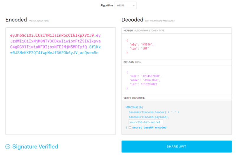 展示 jwt.io 网站，您可以在其中通过编码和解码来使用 JWT。您可以选择哈希算法。