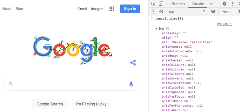 在 Chrome devtools 控制台中检查的 Google 徽标 img 元素