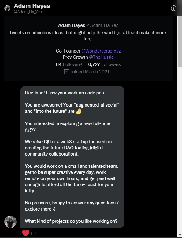来自 Twitter 的 Adam_Ha_Yes 留言：嘿，Jane！我在 Code Pen 上看到了你的作品。\A\A 你太棒了！你的“增强用户界面社交